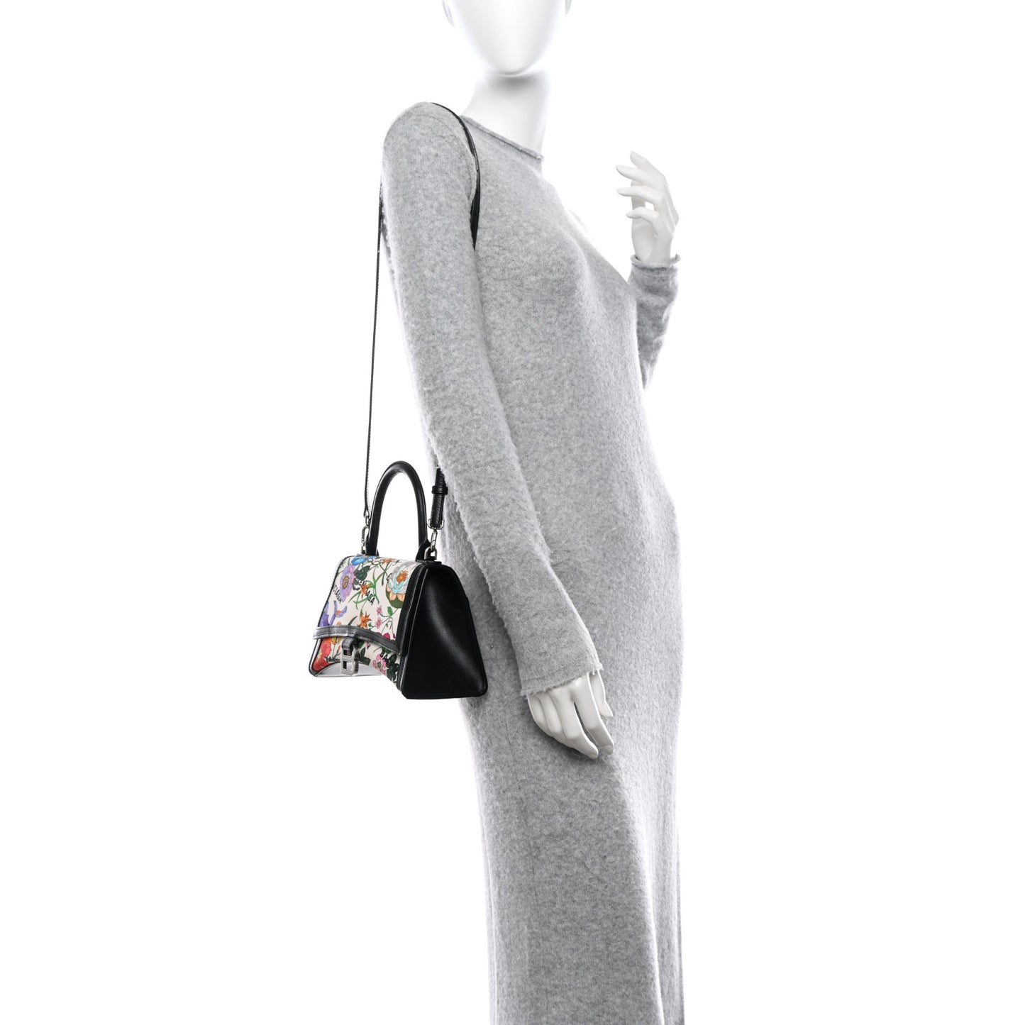 X GUCCI Canvas Boarded Plutone Calfskin Flora Logo Print Small Hourglass Top Handle Bag White Multicolor Black