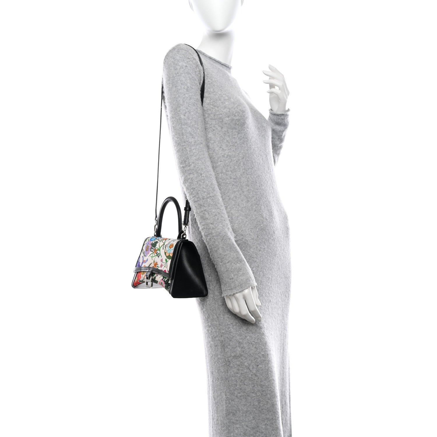 Balenciaga X GUCCI Canvas Boarded Plutone Calfskin Flora Logo Print Small Hourglass Top Handle Bag White Multicolor Black 3 of 14