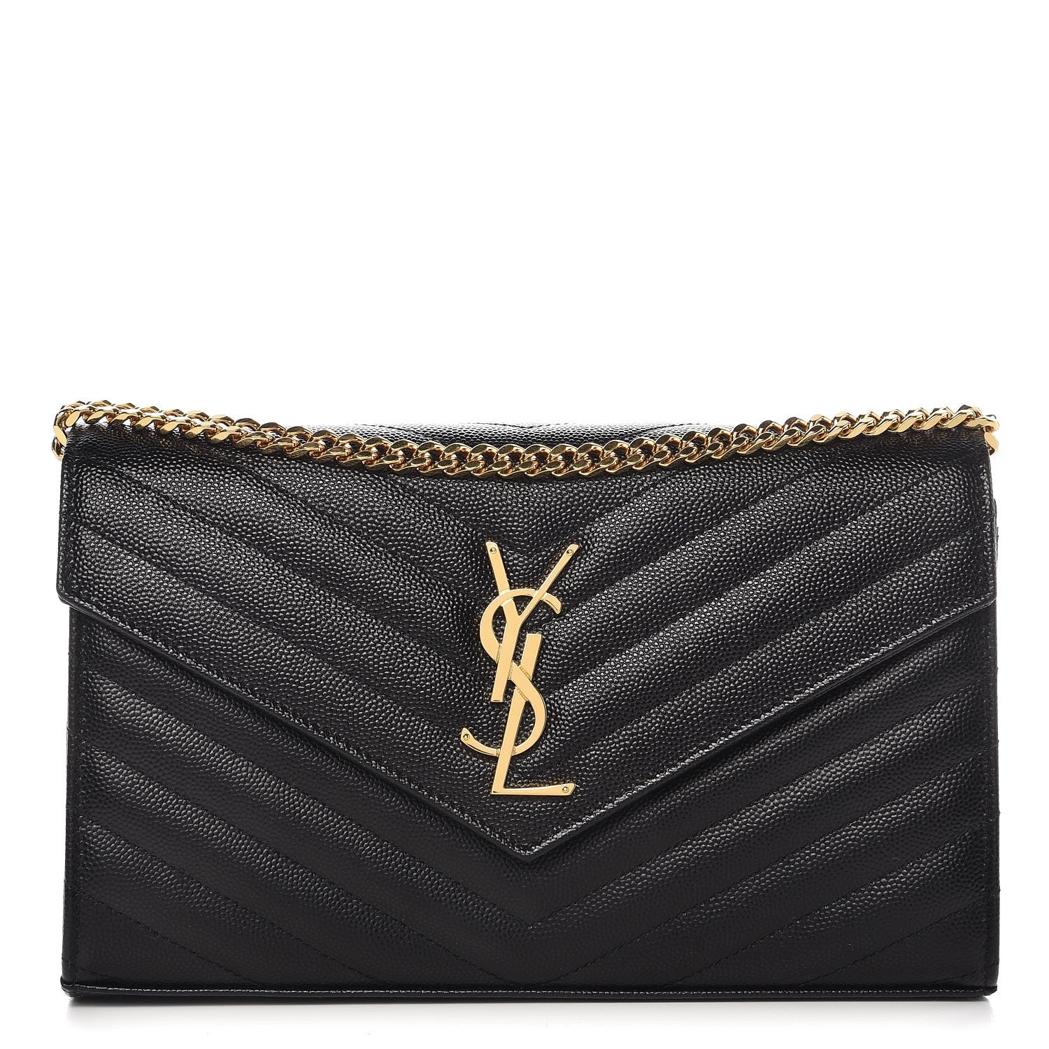 Saint Laurent Grain De Poudre Matelasse Chevron Monogram Chain Wallet Black 1 of 6
