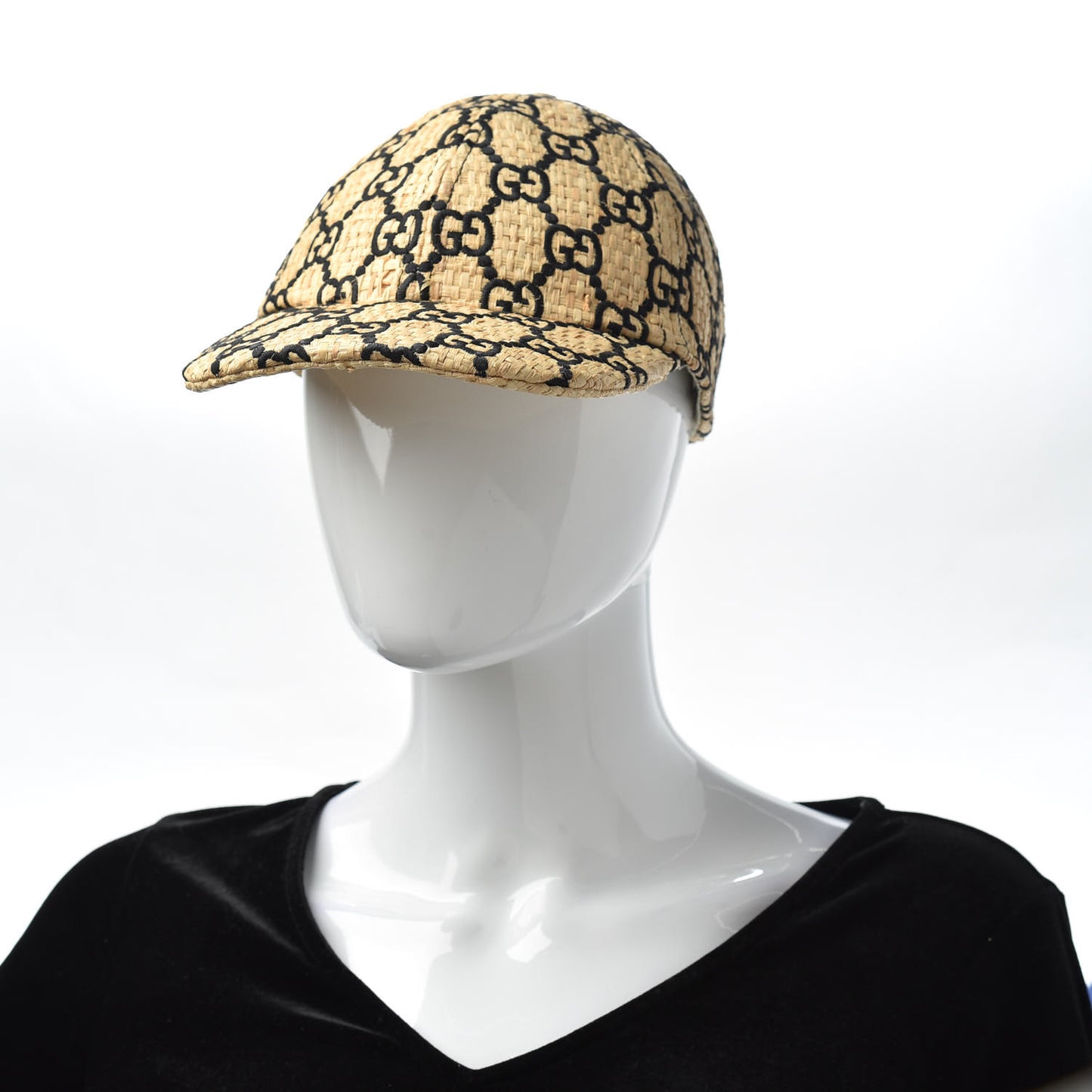 Raffia GG Monogram Elaphe Embroidered Aisha Baseball Hat M Ivory Black