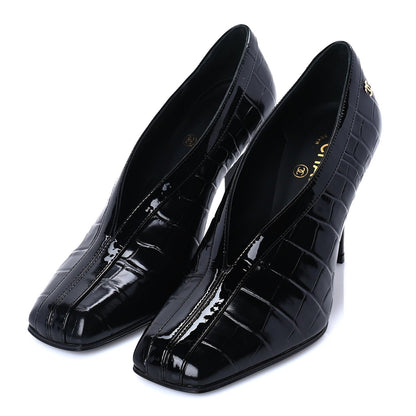 Chanel Crocodile Embossed Patent Calfskin Pumps 37 Black 2 of 8