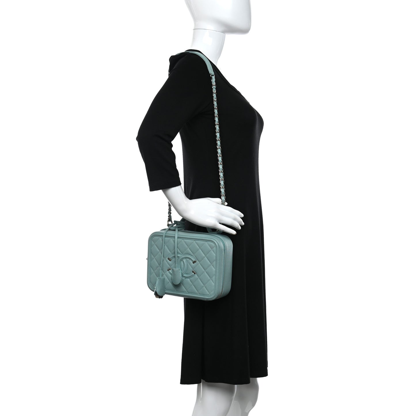 Caviar Quilted Medium CC Filigree Vanity Case Light Blue