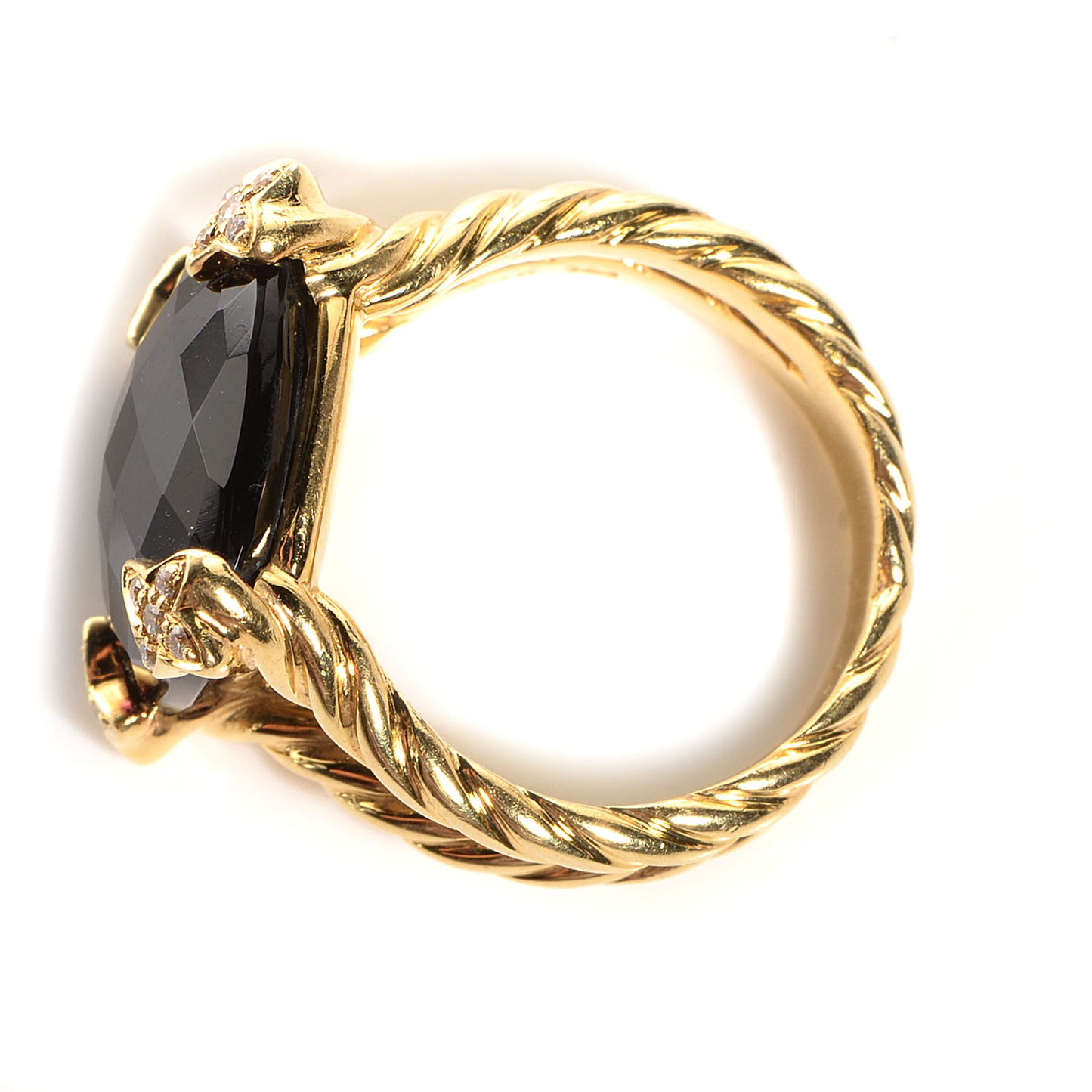 18k Yellow Gold Black Onyx Pave Diamond 15mm Cushion On Point Ring 7