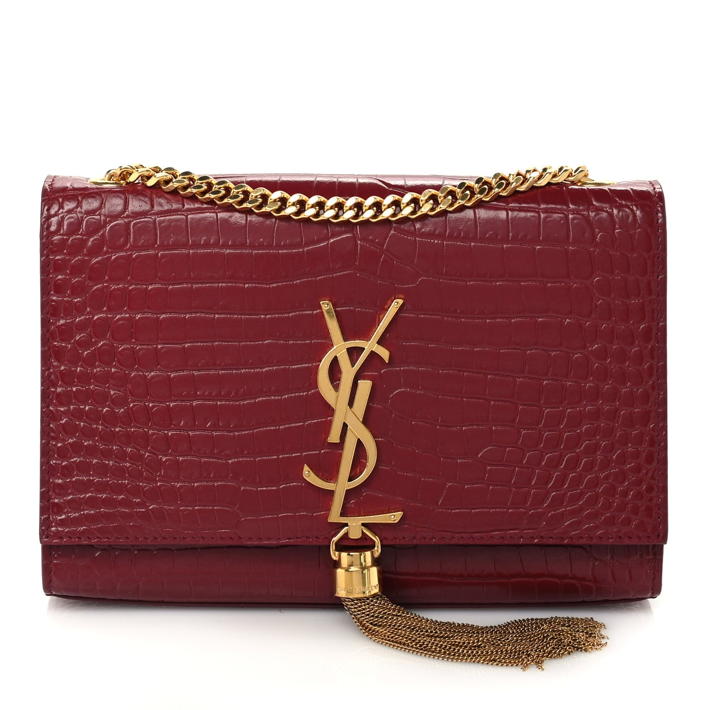 Calfskin Crocodile Embossed Small Classic Monogram Kate Tassel Satchel Amaretto