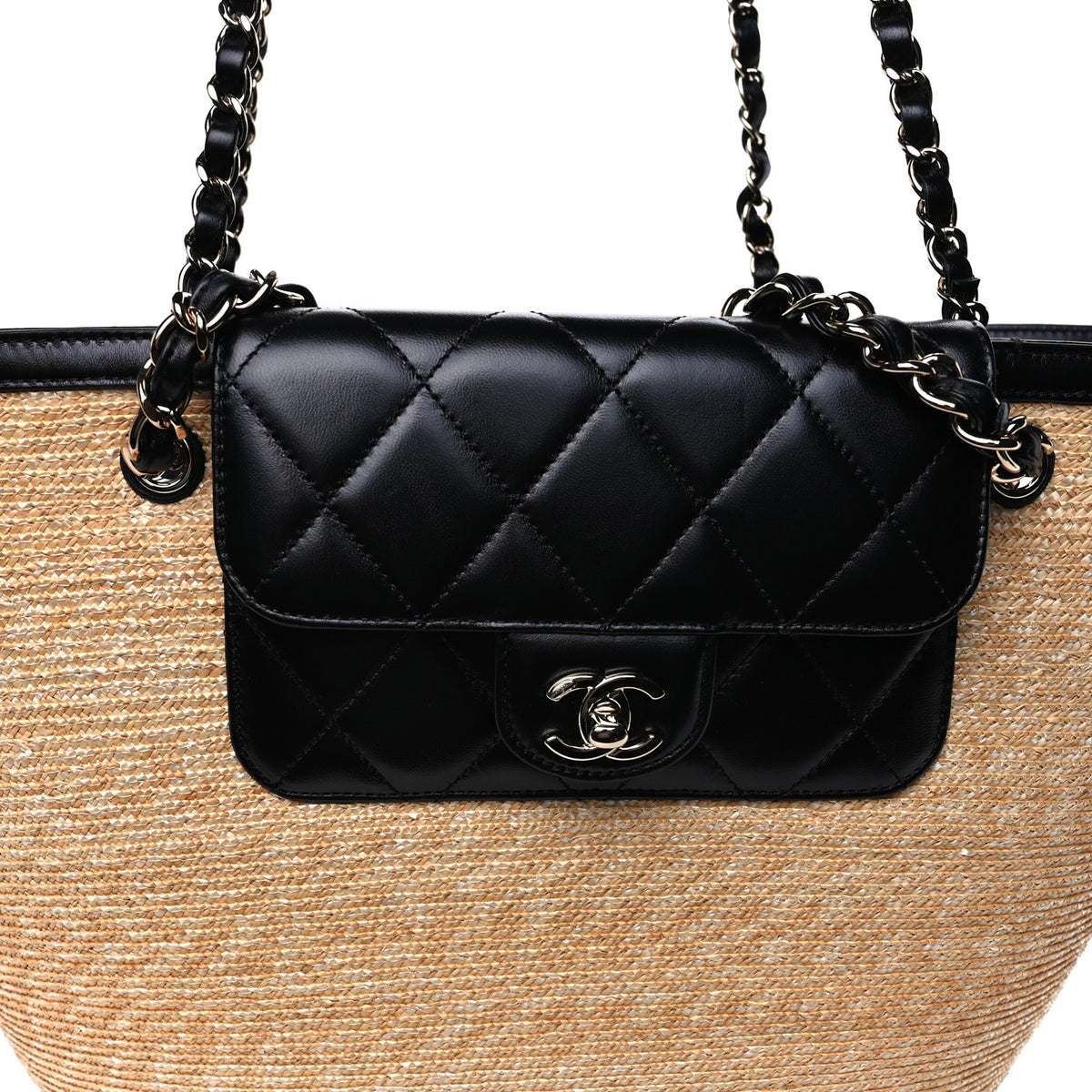 Raffia Braided Lambskin Shopping Tote Beige Black