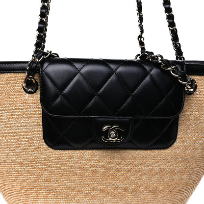 Chanel Raffia Braided Lambskin Shopping Tote Beige Black 7 of 9