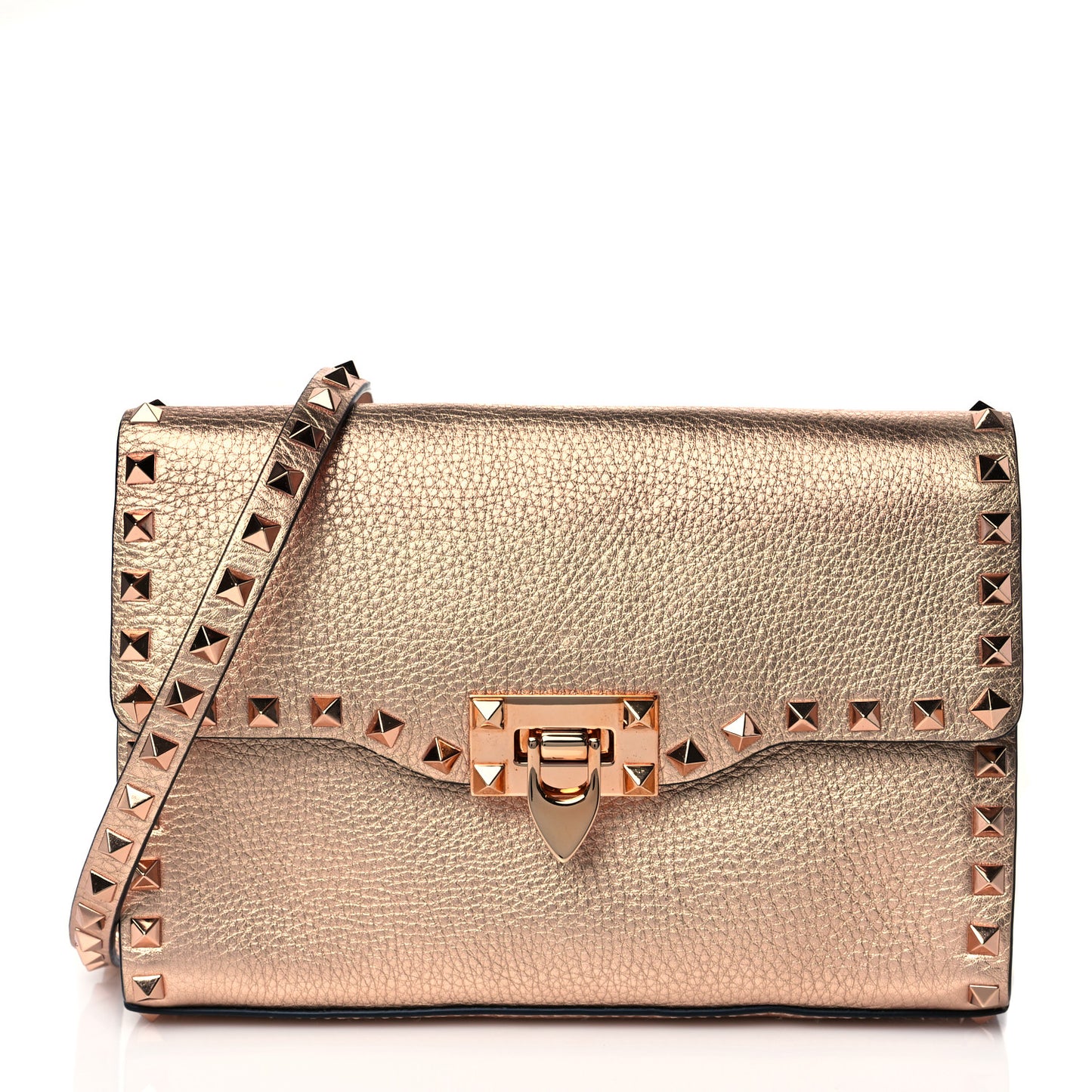 Metallic Pebbled Calfskin Medium Rockstud Flip Lock Crossbody Bag Rame