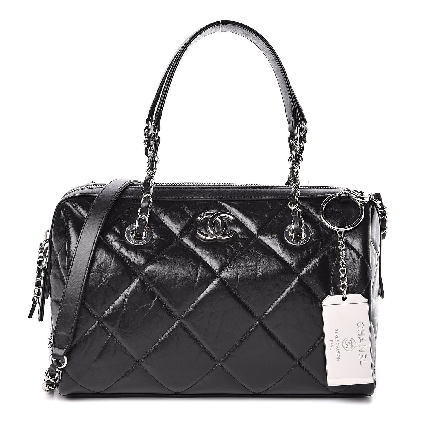 Calfskin Quilted Small CC Bowling Bag Black
