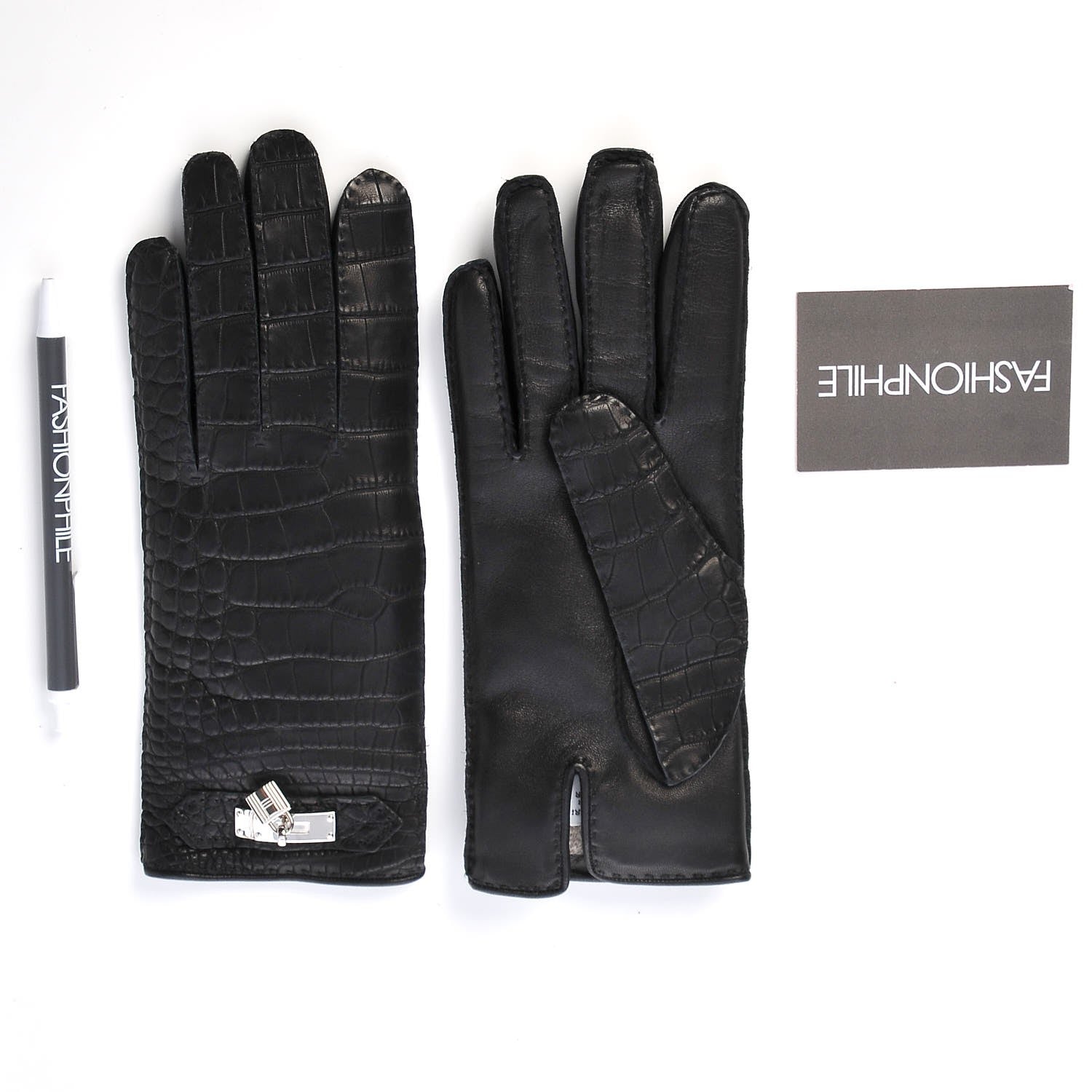 Hermes Matte Alligator Soya Kelly Lock Gloves 7 Black 2 of 4