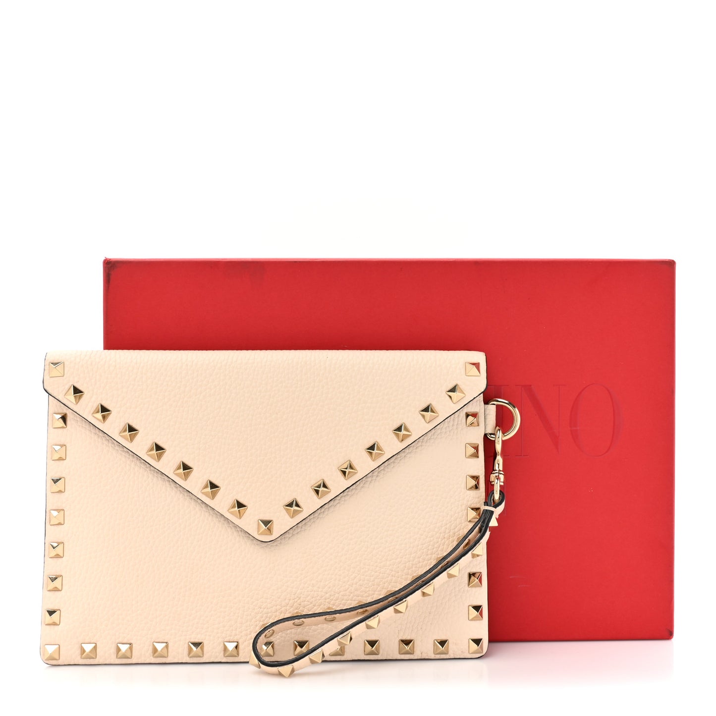 Pebbled Calfskin Medium Rockstud Envelope Flat Wristlet Pouch Ivory
