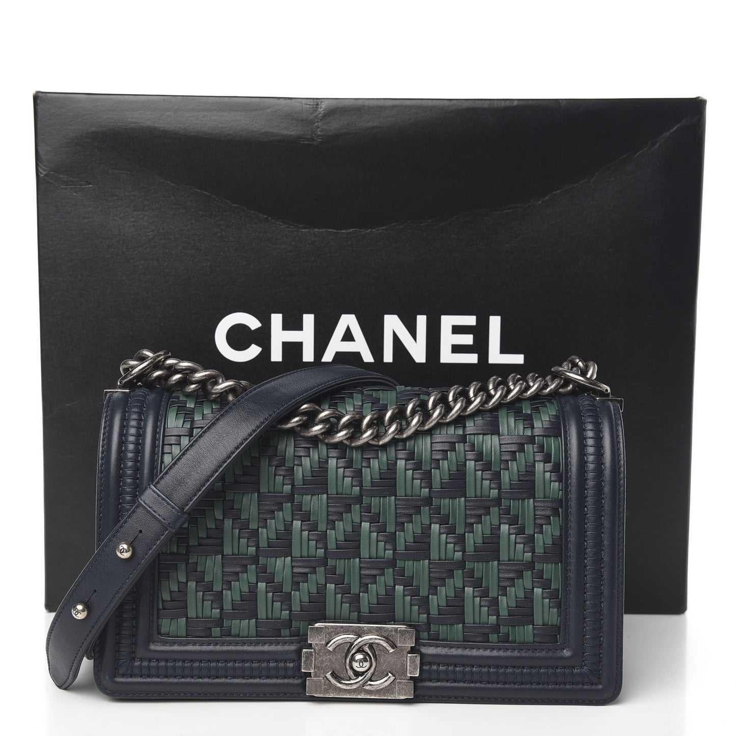 Calfskin Woven Medium Boy Flap Navy Green