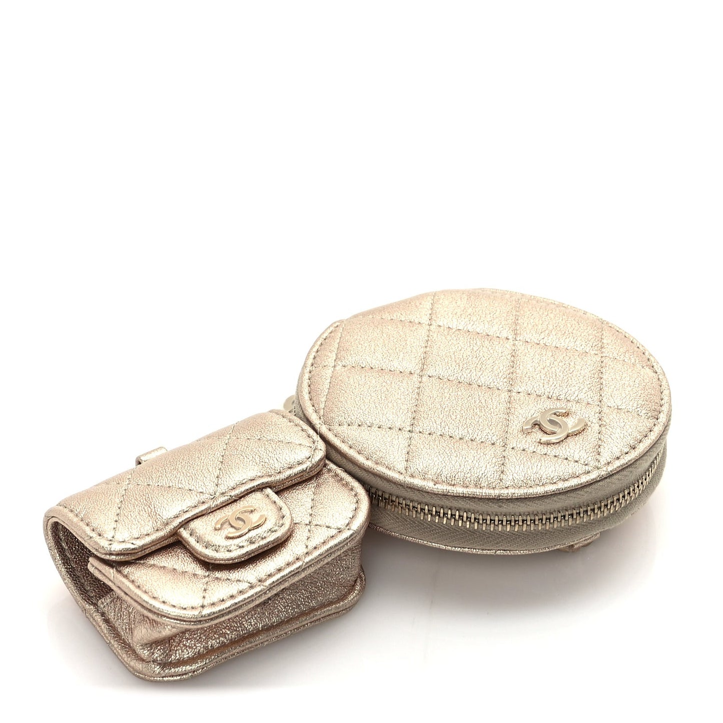 Metallic Lambskin Quilted Round Clip On Coin Purse Airpods Case  Gold