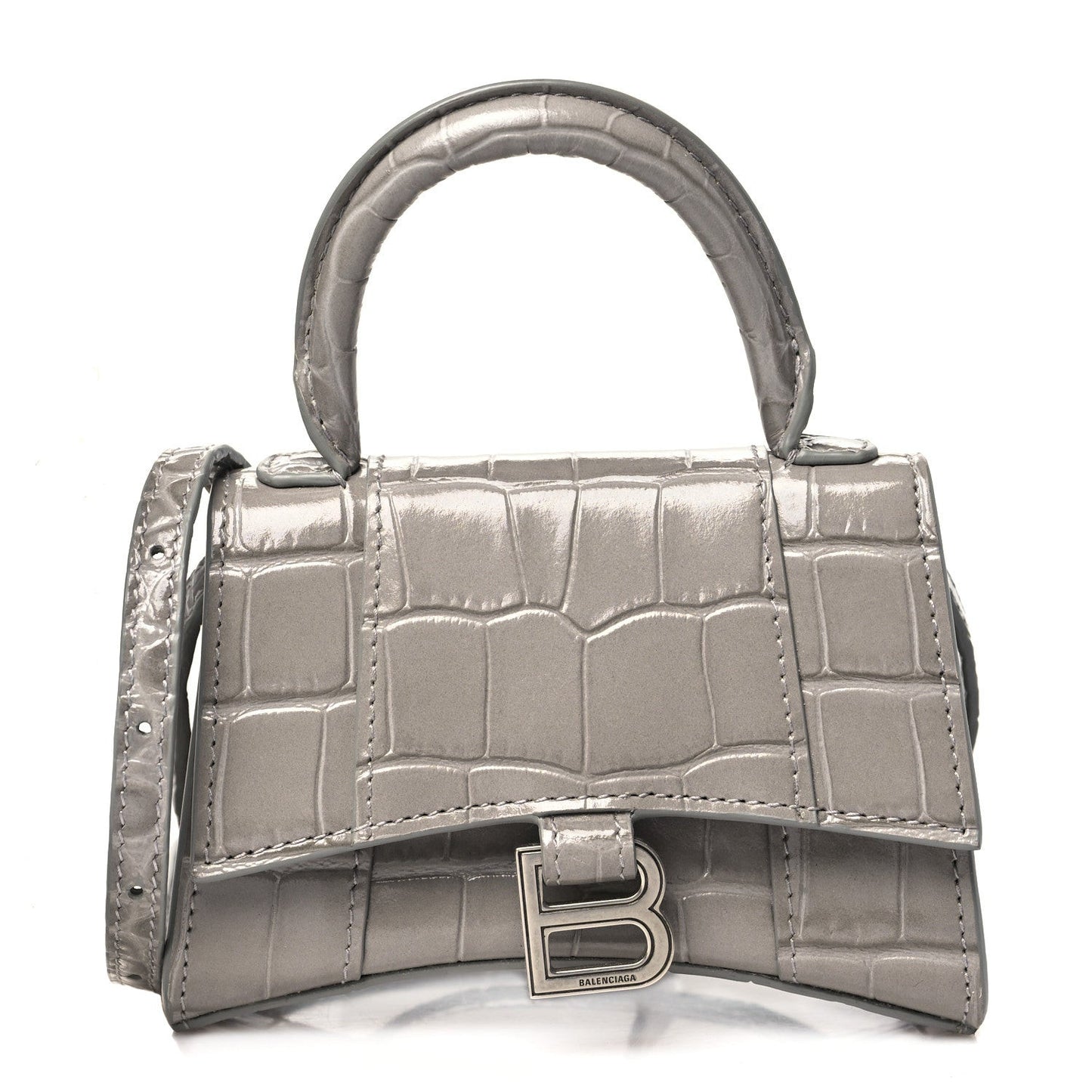 Shiny Calfskin Crocodile Embossed Hourglass Top Handle Bag Mini Steel Grey
