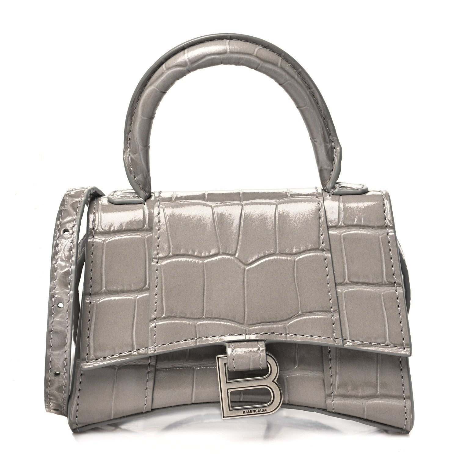 Balenciaga Shiny Calfskin Crocodile Embossed Hourglass Top Handle Bag Mini Steel Grey 1 of 7