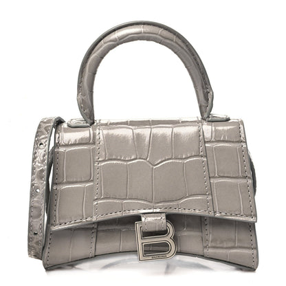 Balenciaga Shiny Calfskin Crocodile Embossed Hourglass Top Handle Bag Mini Steel Grey 1 of 7