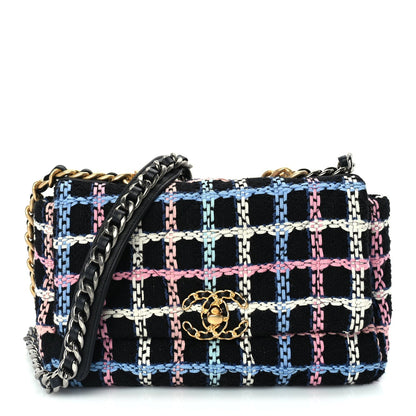 Chanel Tweed Quilted Medium 19 Flap Black Blue Pink 1 of 9