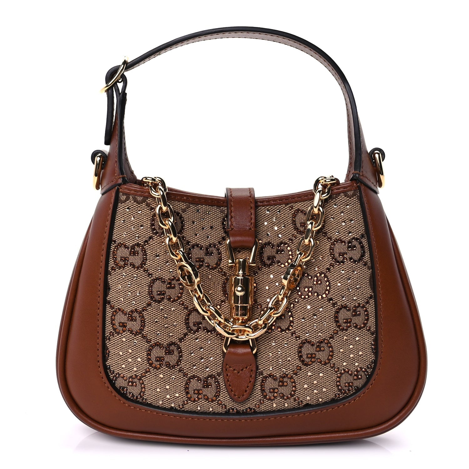 Gucci New Canvas Charisma Calfskin Crystal GG Monogram Mini Jackie 1961 Hobo Camel Ebony 1 of 7