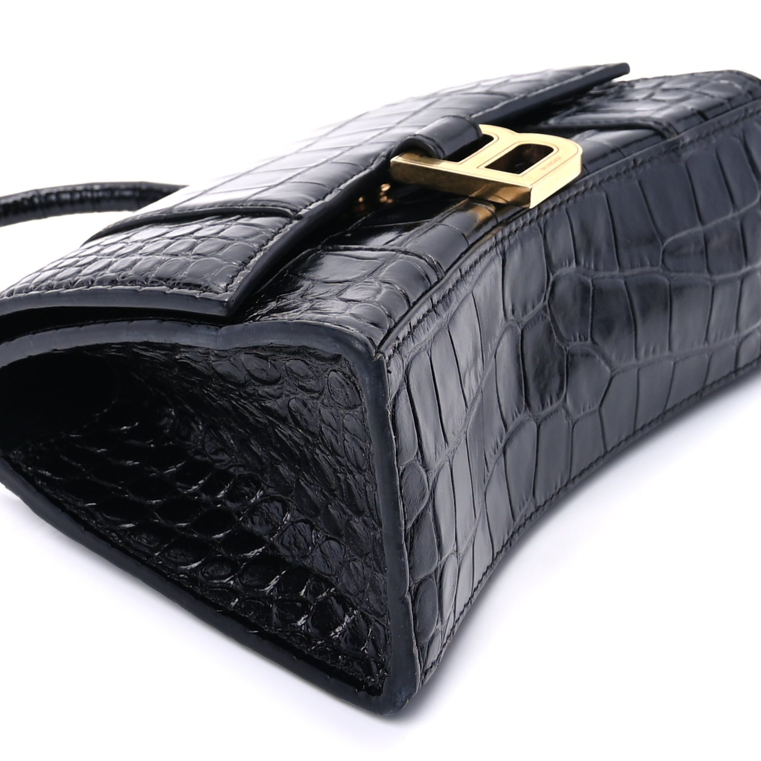 Balenciaga Shiny Calfskin Crocodile Embossed Hourglass Top Handle Bag XS  Black 7 of 8