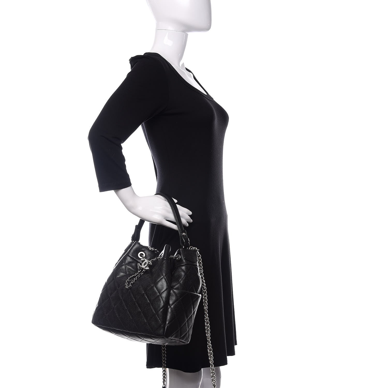 Chanel Grained Calfskin Quilted Medium CC Chain Bucket Drawstring Bag Black 3 of 13