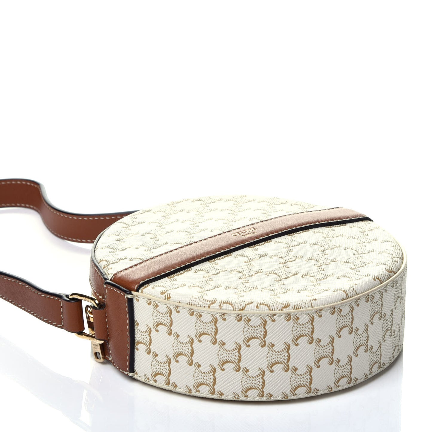 Lambskin Triomphe Canvas Round Purse On Strap White Tan