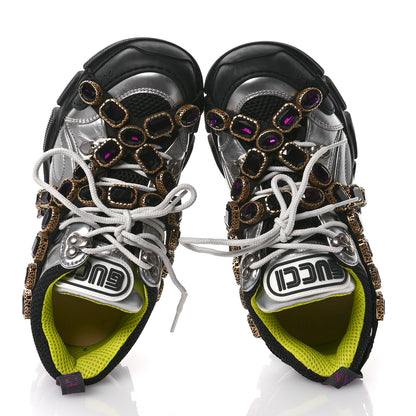 Gucci X SEGA Metallic Calfskin Mesh Removable Crystals Womens Flashtrek Sneakers 37 Silver Black 2 of 7