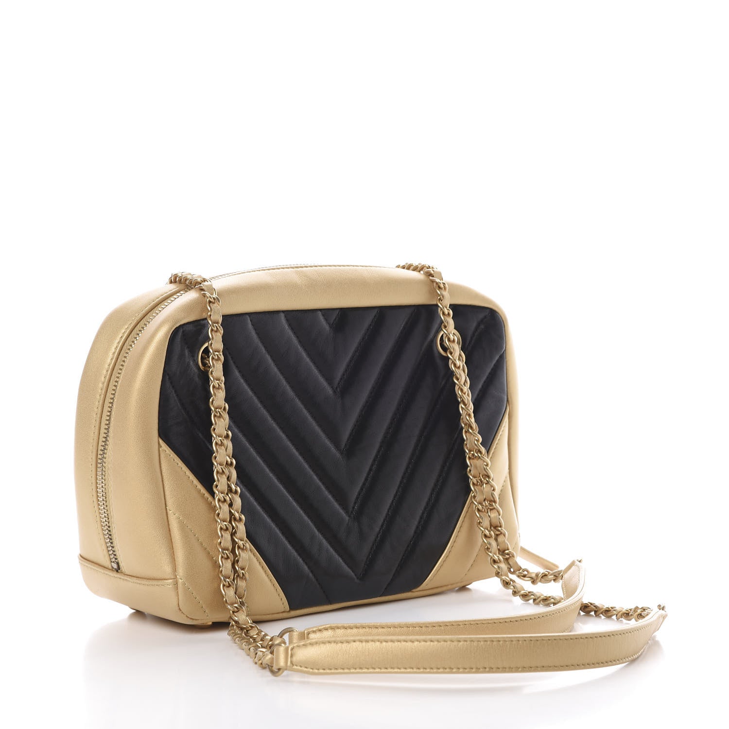Chanel Lambskin Sheepskin Chevron Camera Case Black Gold 3 of 11