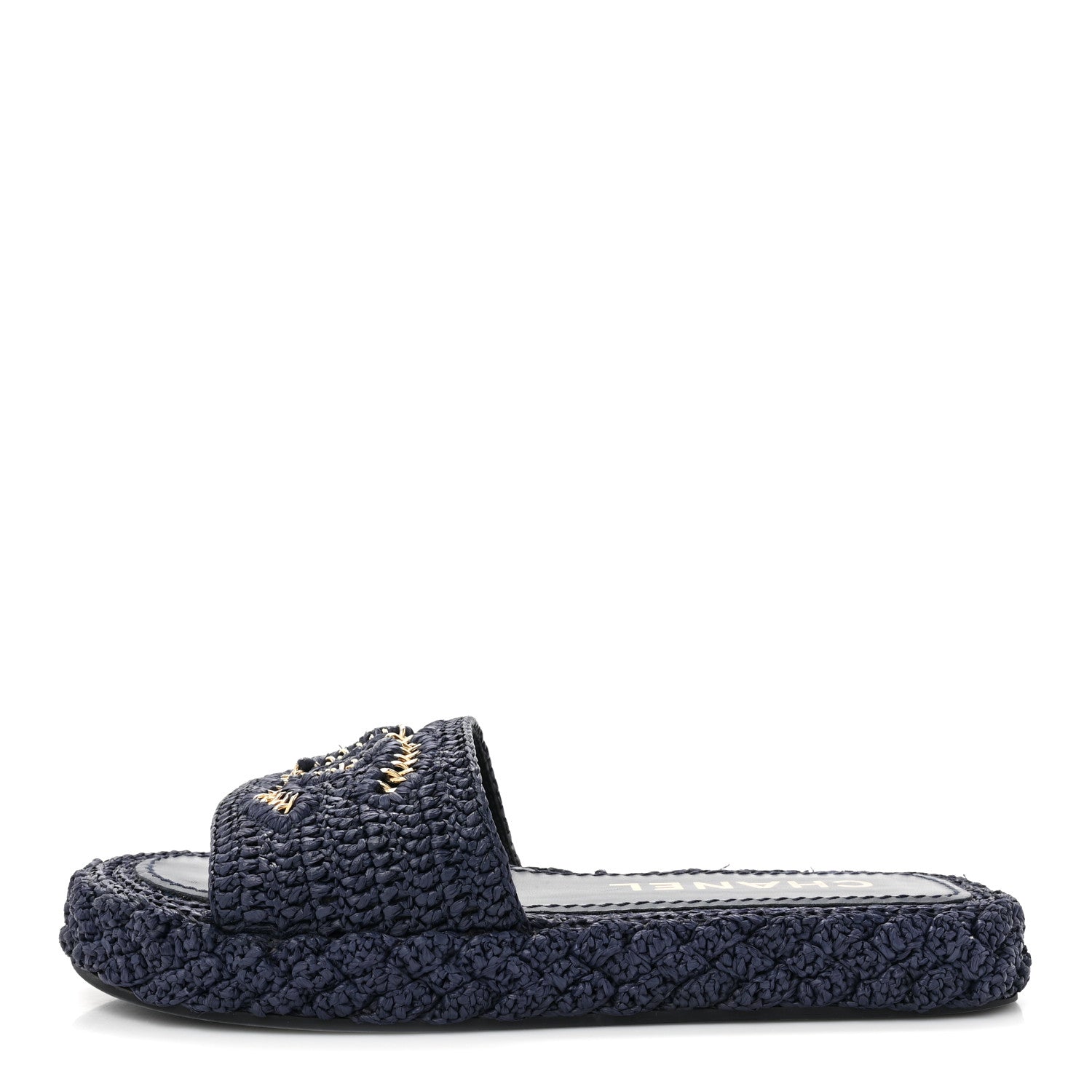 Chanel Braided Cord CC Espadrille Slip On Sandals 37 Navy Blue 1 of 9