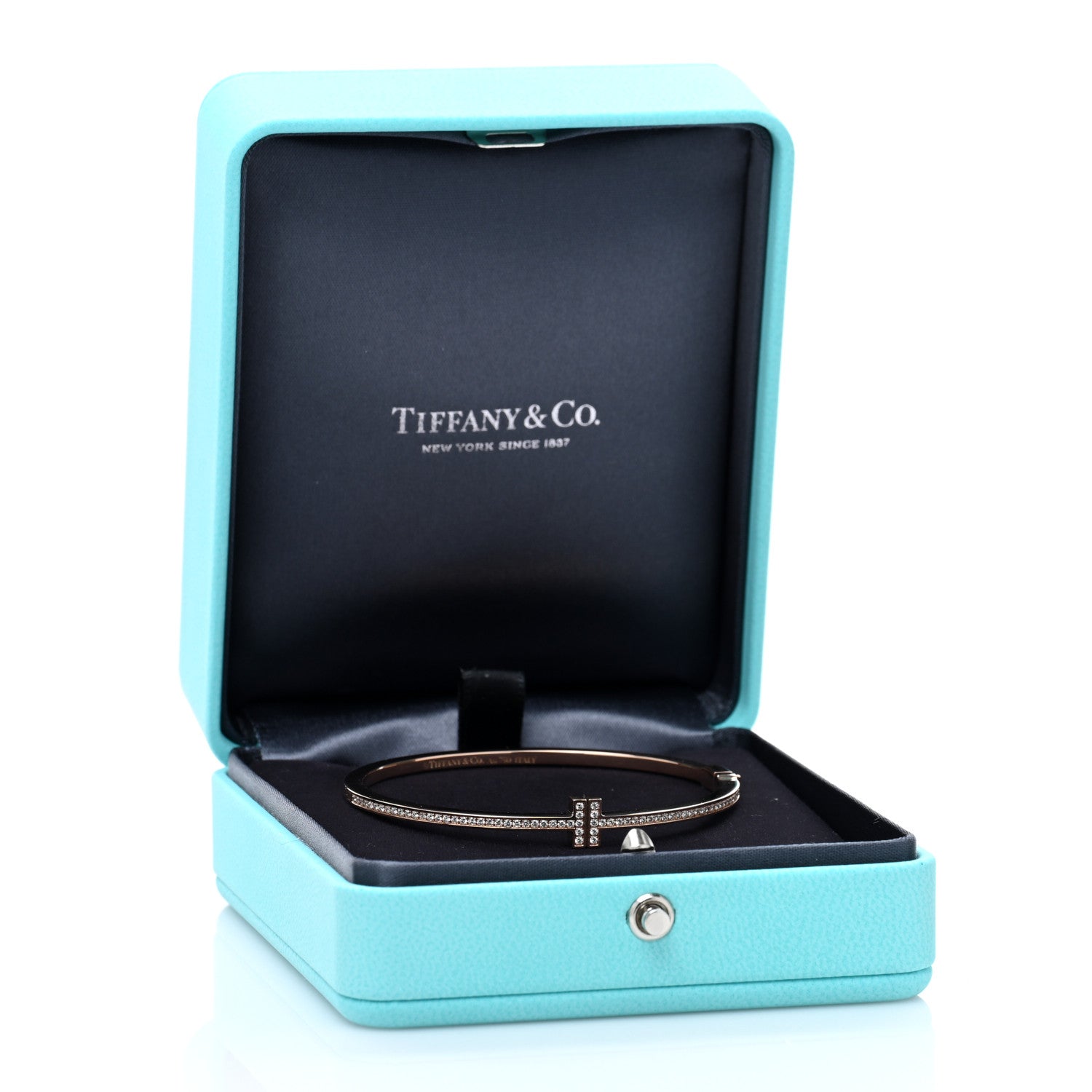 Tiffany 18K Rose Gold Diamond T Hinged Wire Bangle Bracelet 4 of 4