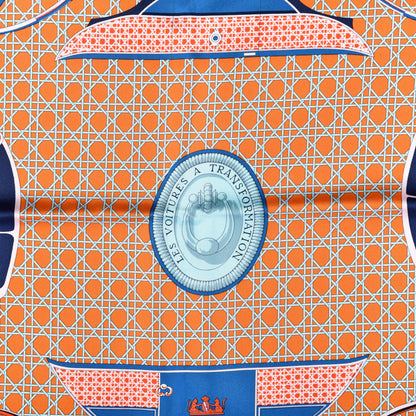 Hermes Silk Les Voitures A Transformation Scarf 90 Orange White Bleu 2 of 6