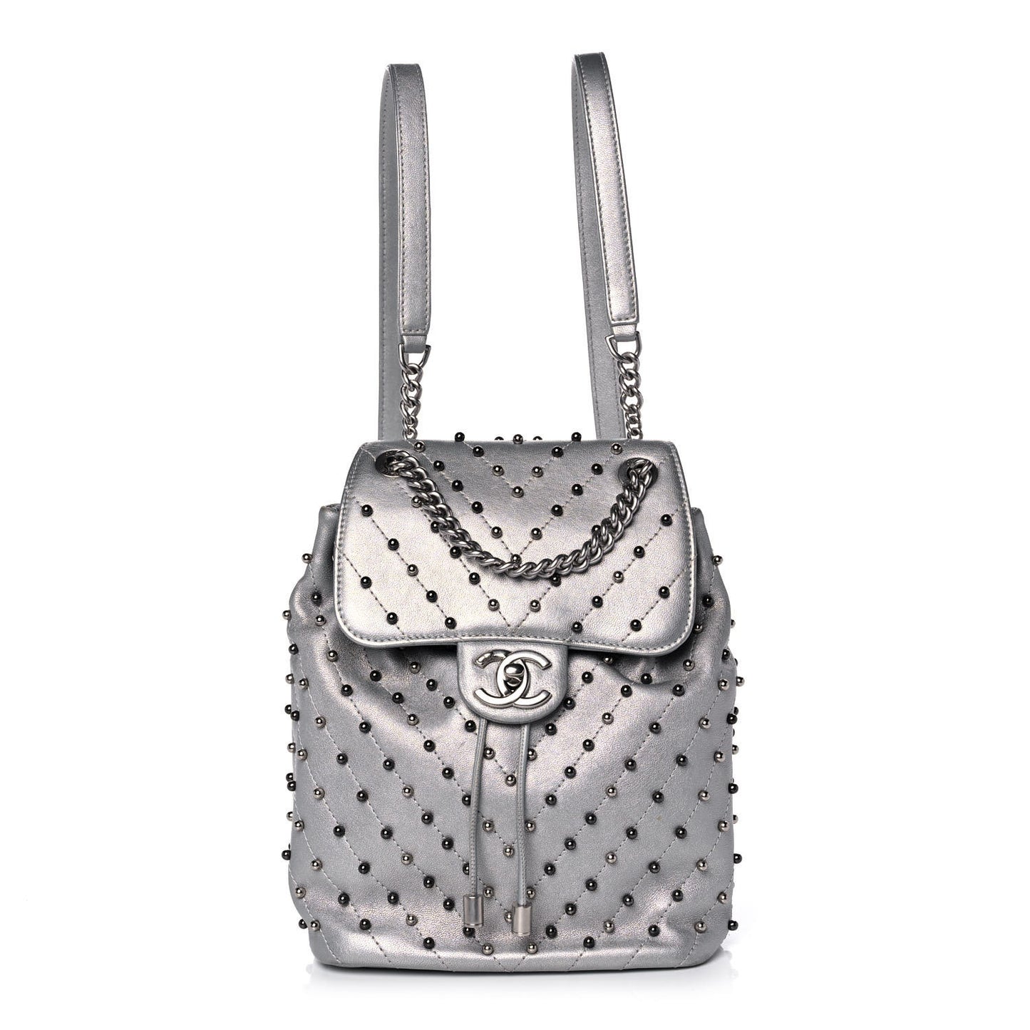 Metallic Lambskin Chevron Quilted Studded Stud Wars Backpack Silver