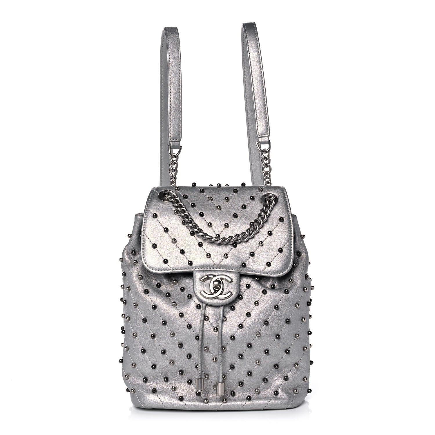 Chanel Metallic Lambskin Chevron Quilted Studded Stud Wars Backpack Silver 1 of 12