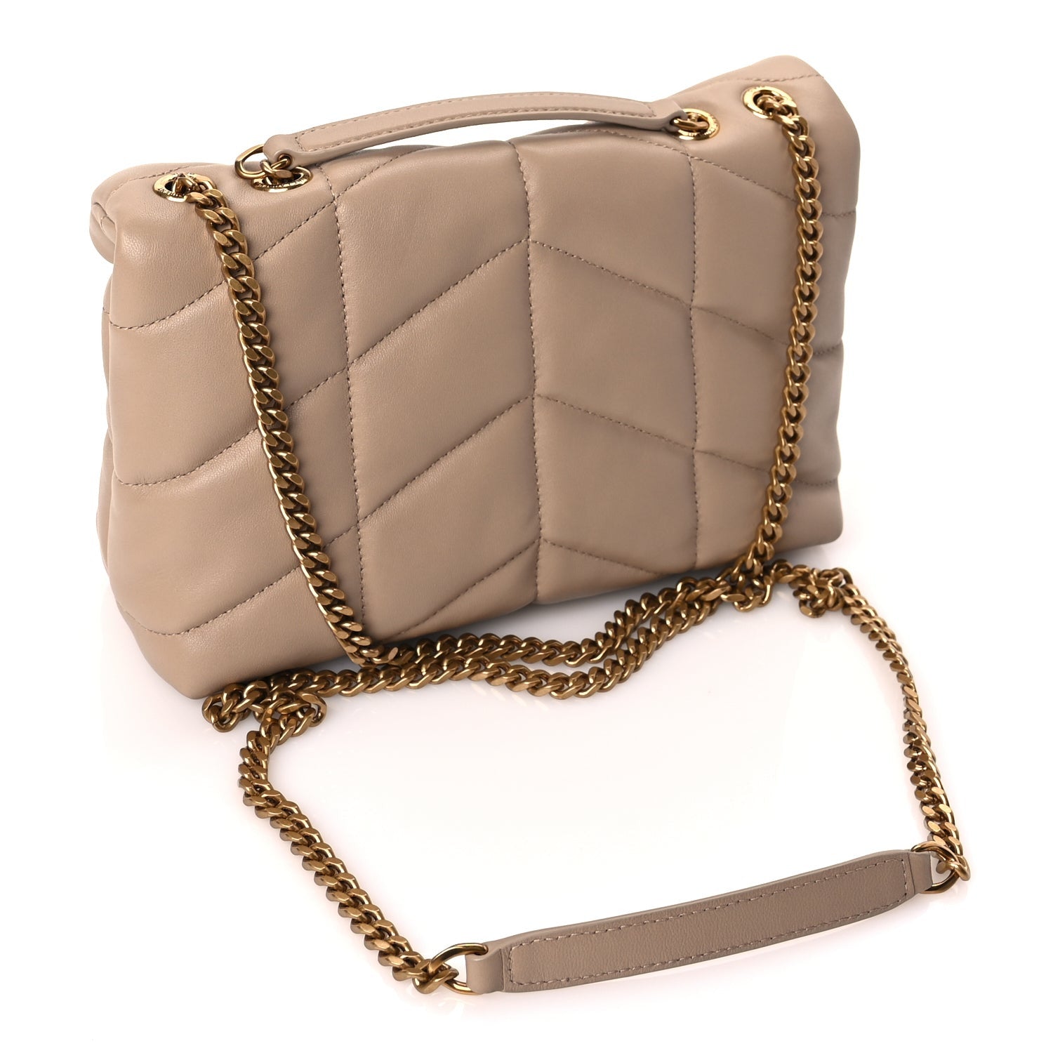 Saint Laurent Lambskin Quilted Toy Loulou Puffer Monogram Chain Satchel Dark Beige 2 of 8