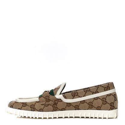 Gucci GG Monogram Horsebit Web Womens Driver Loafers 37 Beige Ebony White 1 of 13