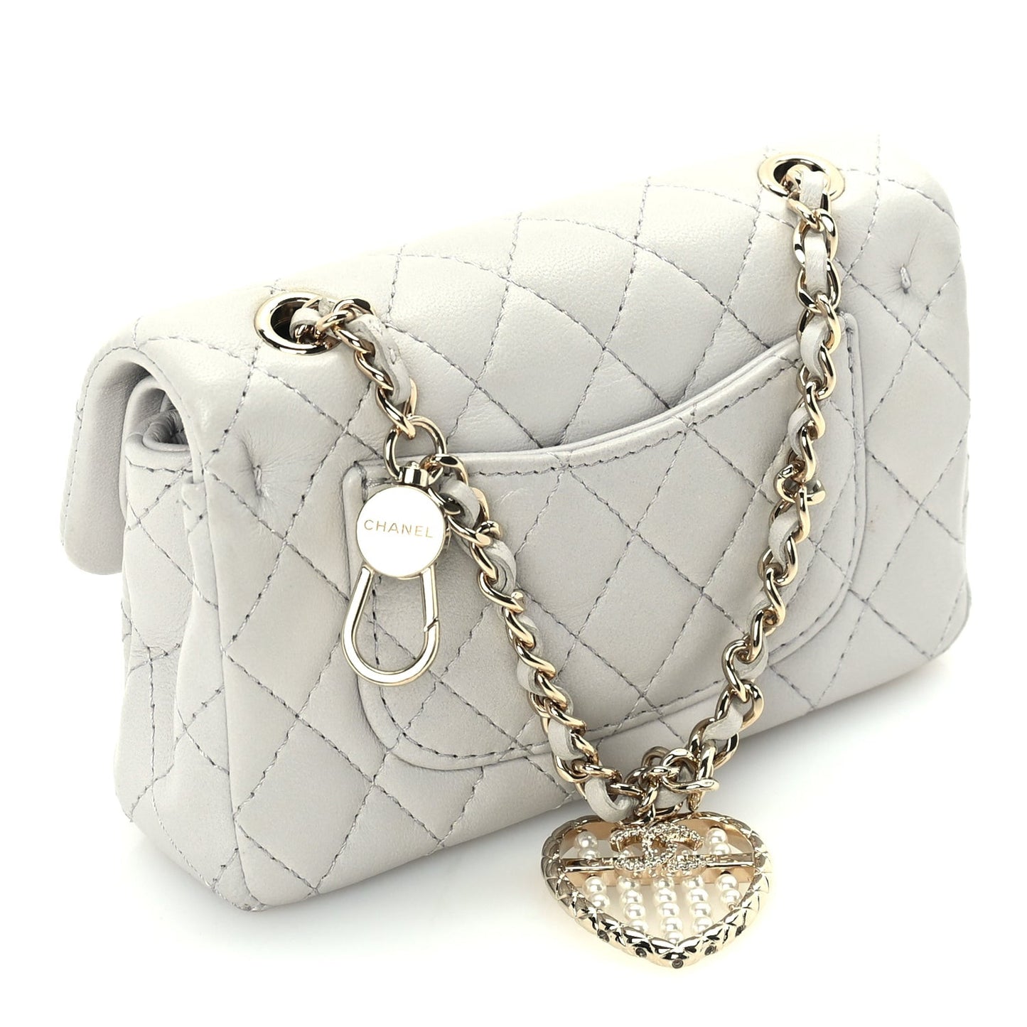 Lambskin Quilted Mini Flap Bag Charm With Hook  Grey