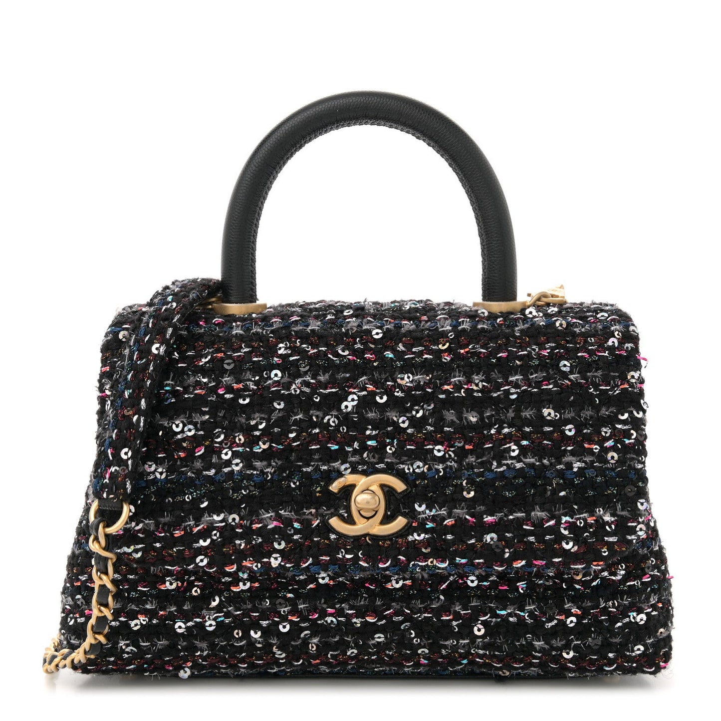 Tweed Sequin Mini Coco Handle Flap Black