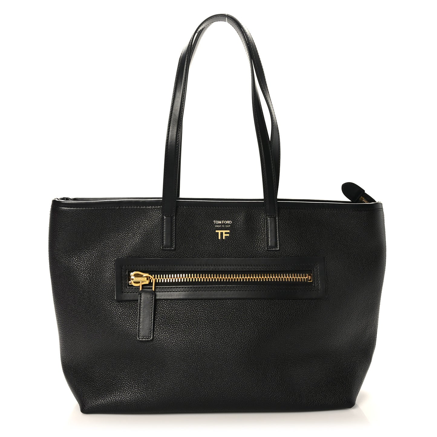 Grained Calfskin East West Medium Zipper Tote Black
