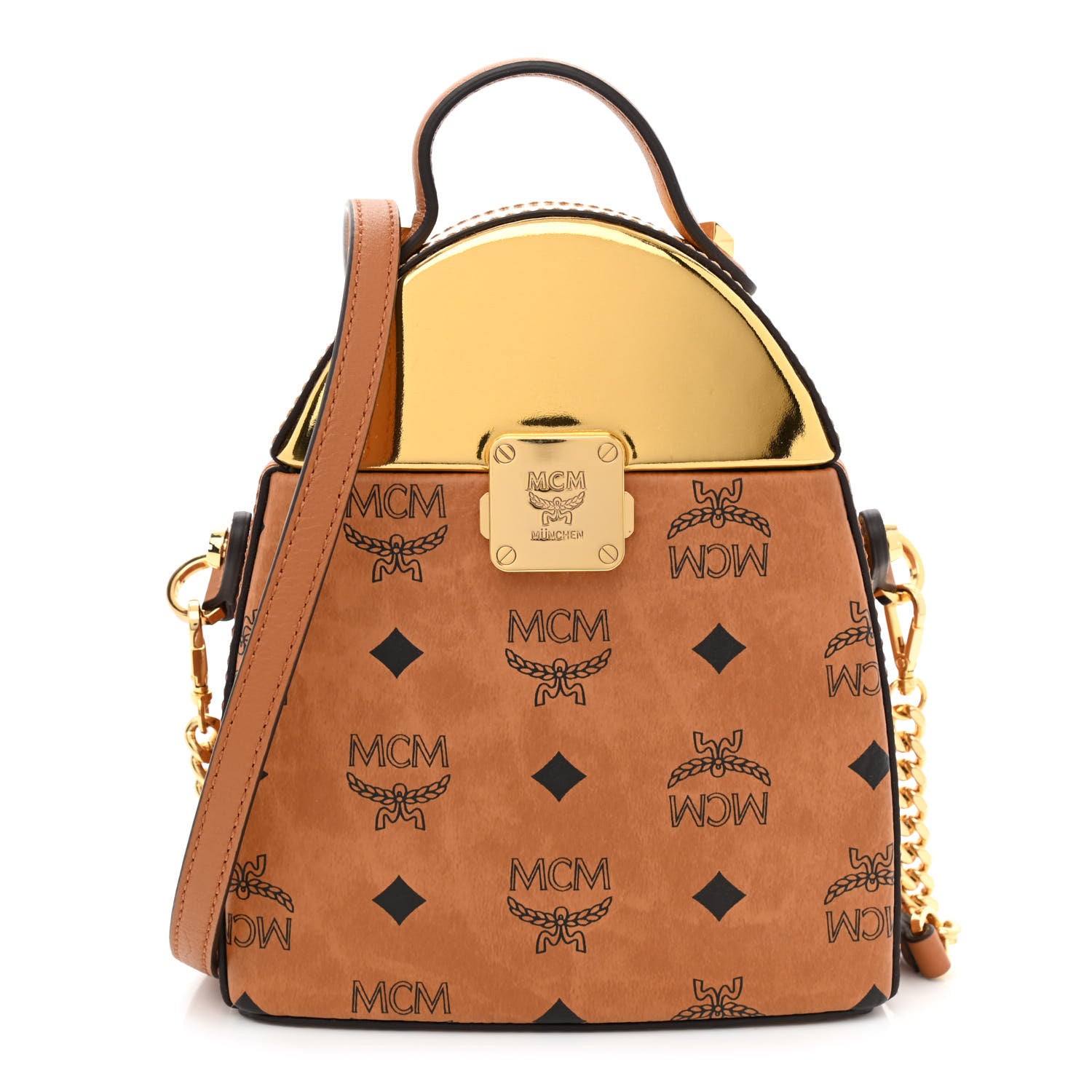 MCM Metallic Calfskin Visetos Stark Pushlock Clutch Cognac 1 of 9