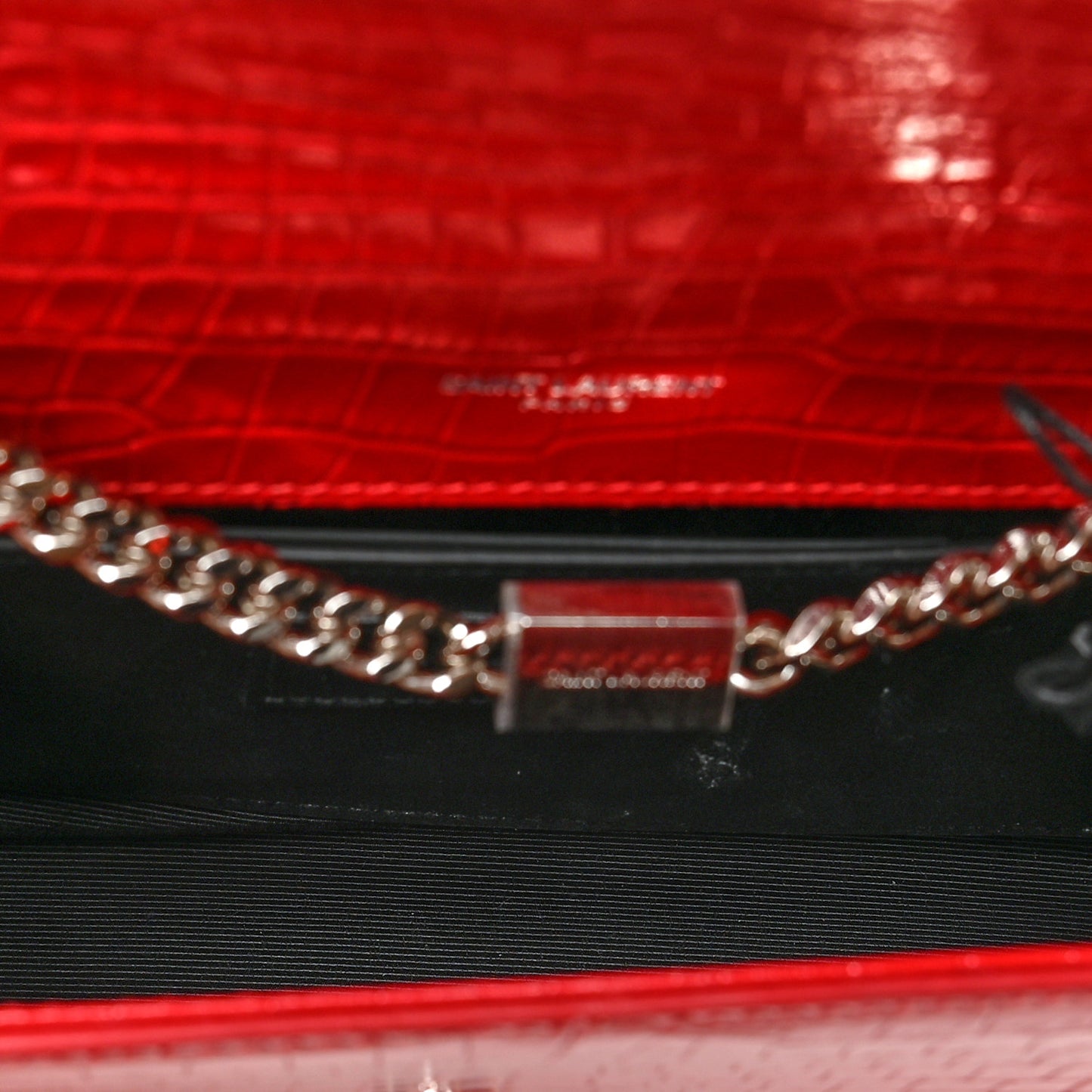 Calfskin Crocodile Embossed Medium Classic Monogram Kate Tassel Satchel Red