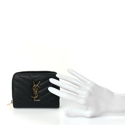 Saint Laurent Grain De Poudre Matelasse Chevron Monogram Compact Zip Around Wallet Black 2 of 7