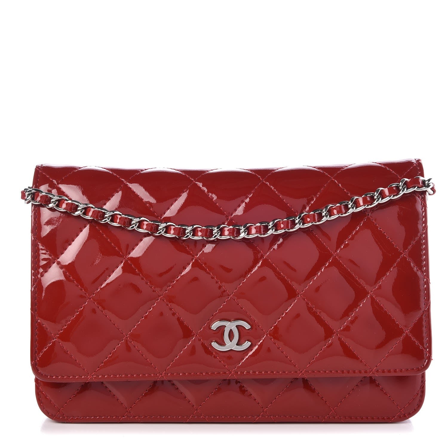Chanel Patent Quilted Wallet On Chain WOC Red 1 of 9