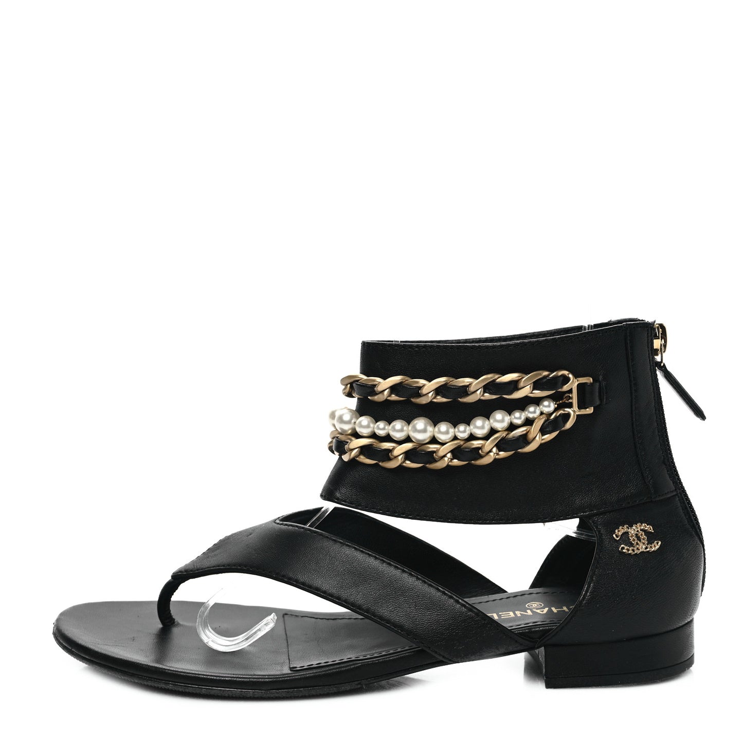 Lambskin Pearl Chain CC Thong Sandals 38 Black