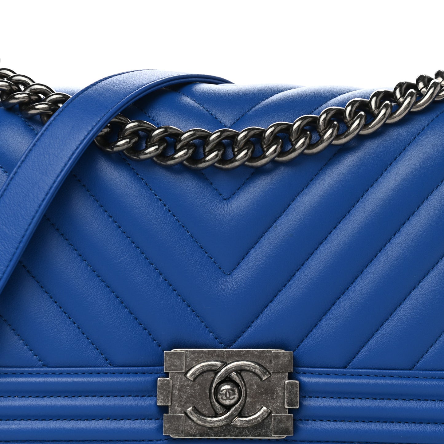 Calfskin Chevron Quilted Medium Boy Flap Bright Blue