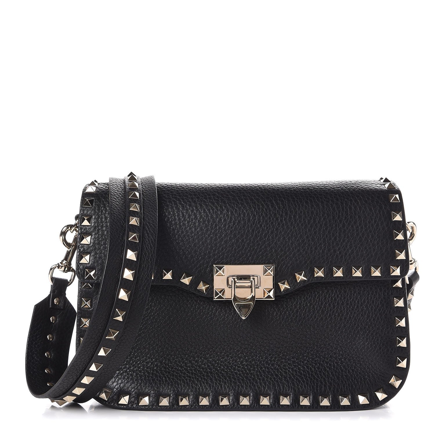 Valentino Garavani Pebbled Calfskin Medium Rockstud Flap Saddle Bag Black 1 of 7