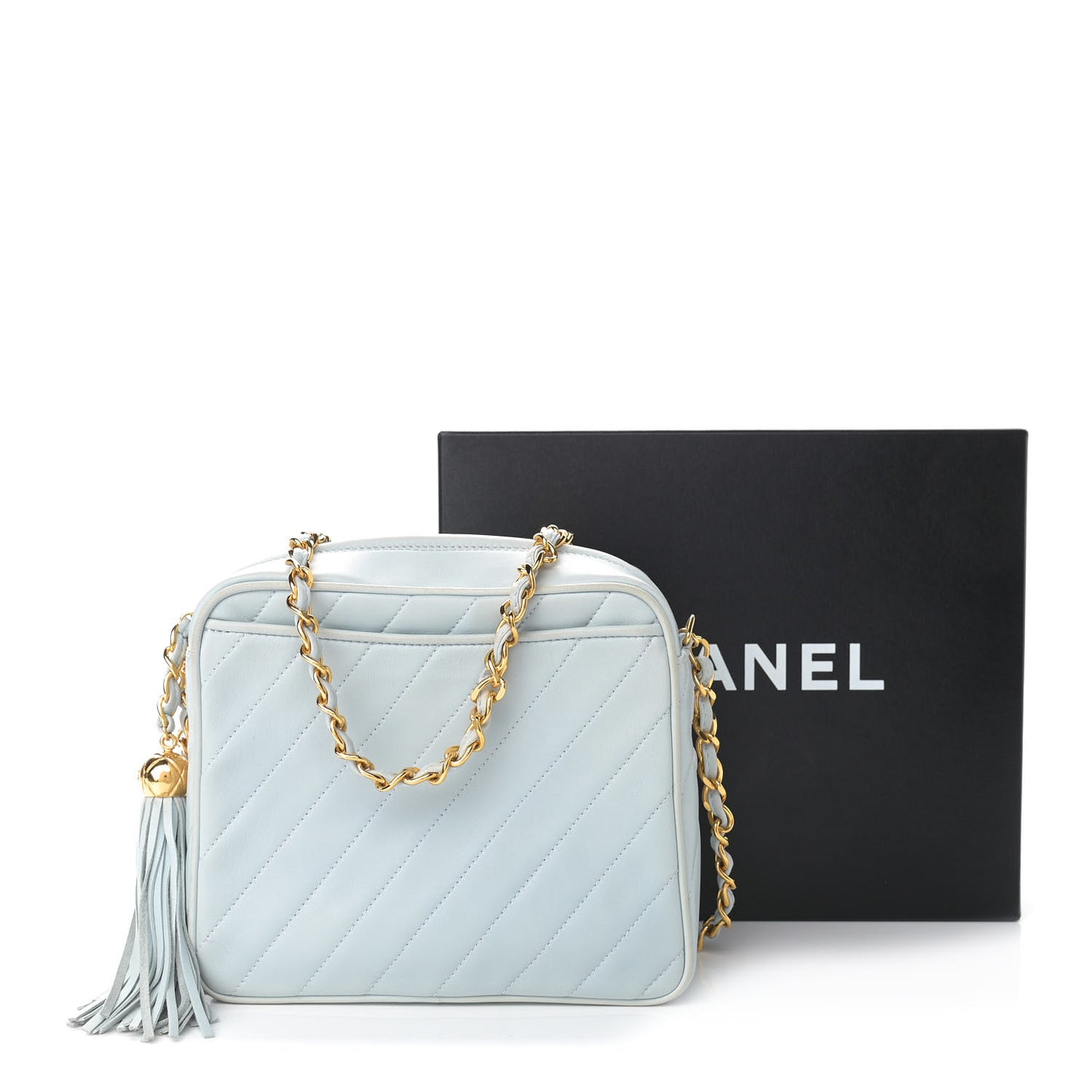 Lambskin Quilted CC Tassel Camera Case Light Blue