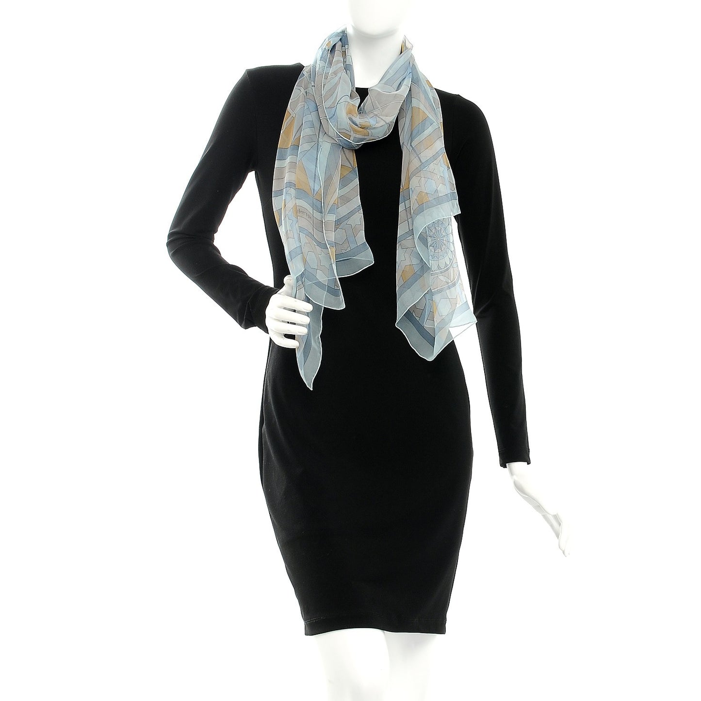 Mousseline Silk Rose De Compas Stole Scarf Bleu Glacier Beige Gris