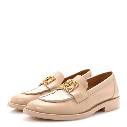 Chanel Shiny Calfskin CC Loafers 38 Beige White 4 of 7
