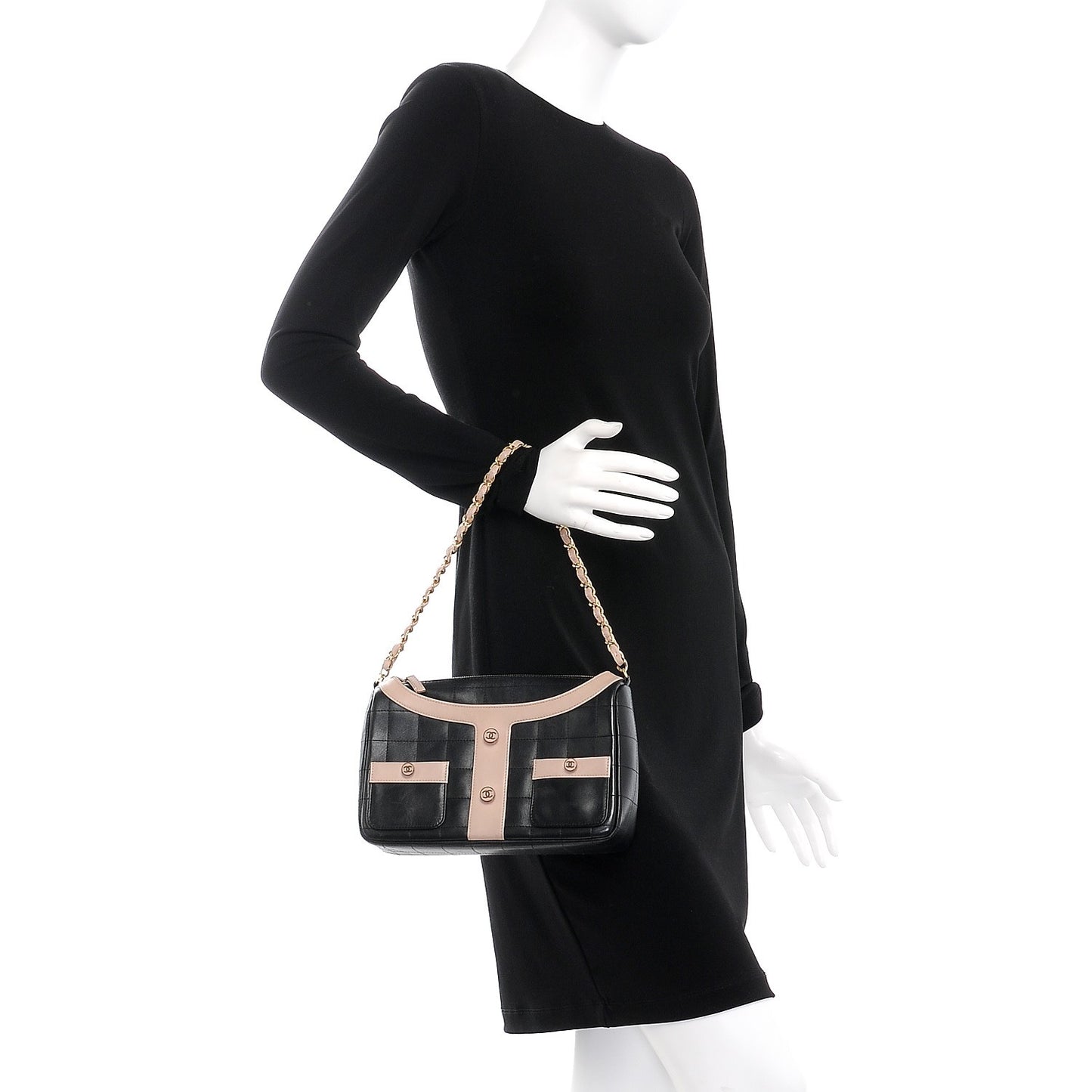 Calfskin Quilted Small Shoulder Bag Black Beige