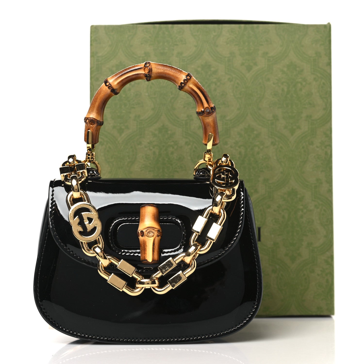 Gucci Patent Crystal Mini Bamboo 1947 Top Handle Chain Bag Black 11 of 11