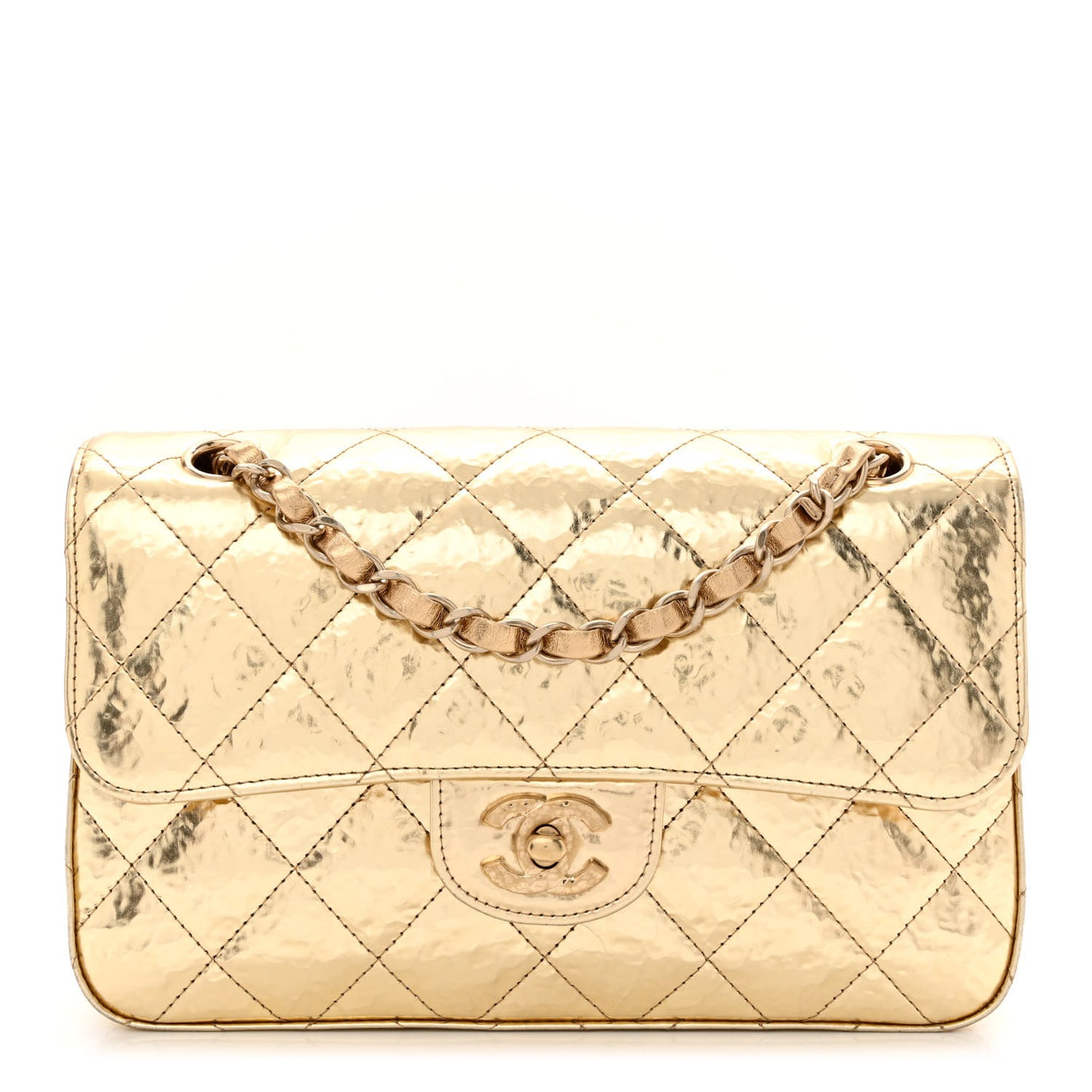 Hammered Metallic Calfskin Quilted Small Double Flap Gold