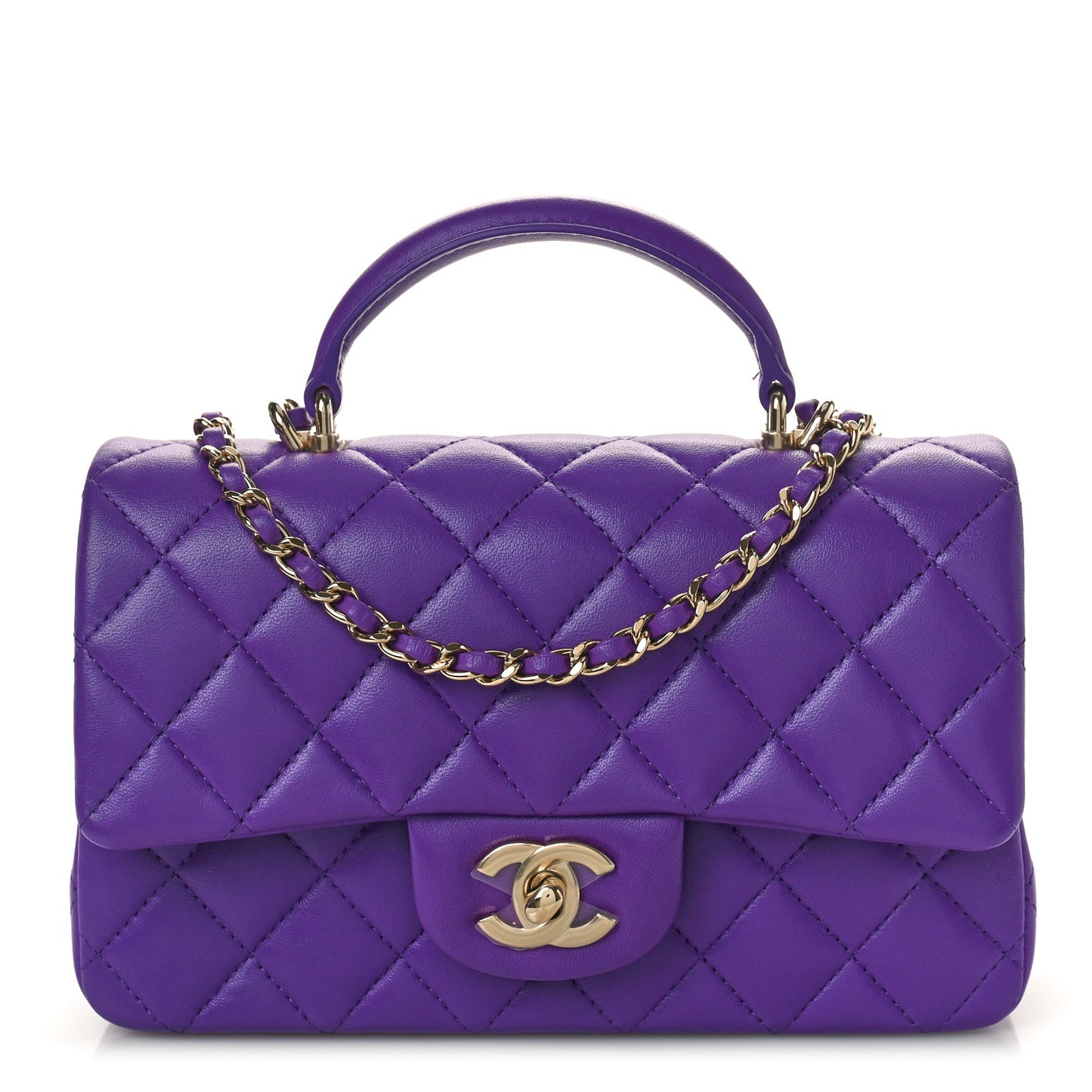 Lambskin Quilted Mini Top Handle Rectangular Flap Dark Purple
